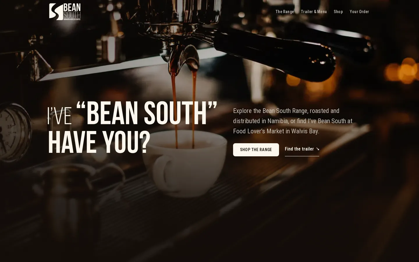 Bean South website homepage with the coffee range and trailer links