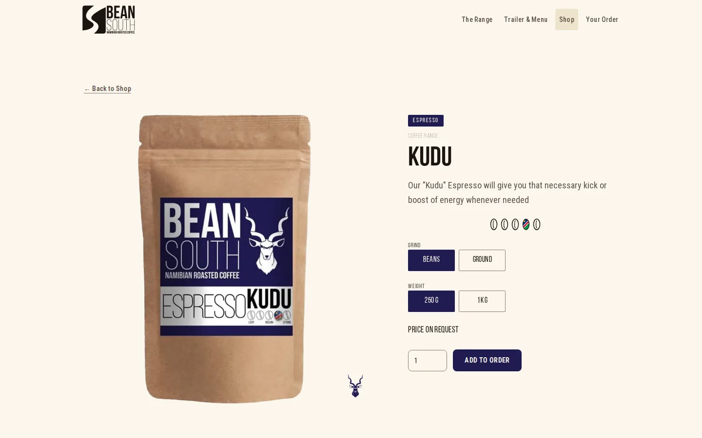 Bean South product page for Kudu espresso with grind and weight options and an add to order button