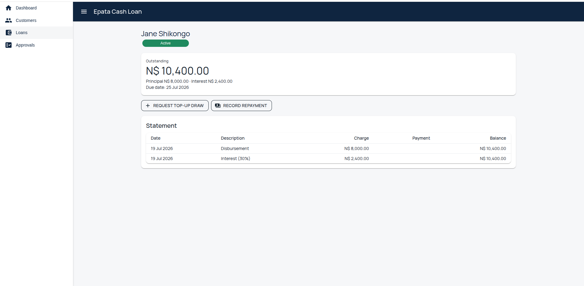 Epata Cash Loan loan detail view showing an active loan balance and transaction statement