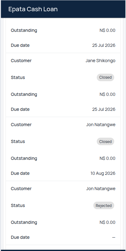 Epata Cash Loan list view showing loans with active, closed, and rejected statuses